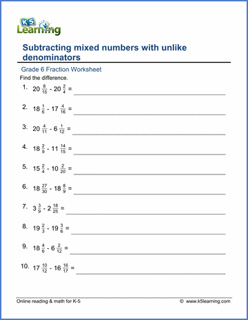 Grade 6 Fraction Worksheet: Subtract mixed numbers (denominator 0 ...