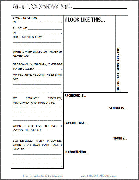 Get to Know Me - Student Information Sheet | Student Handouts