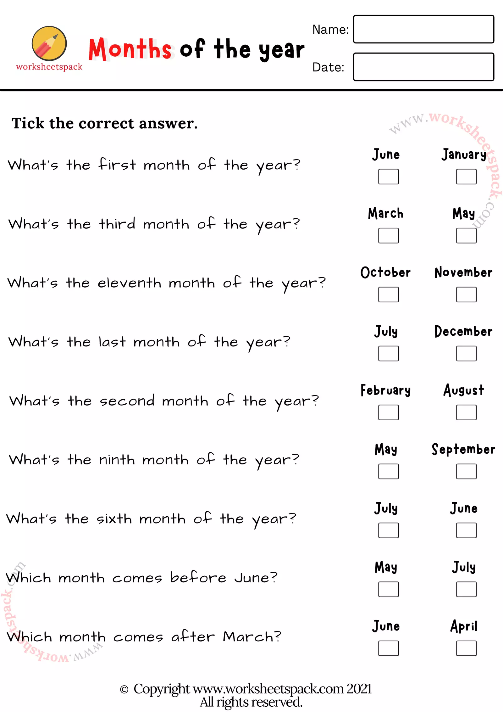 worksheet for months of the year