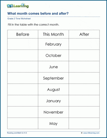 worksheet for months of the year