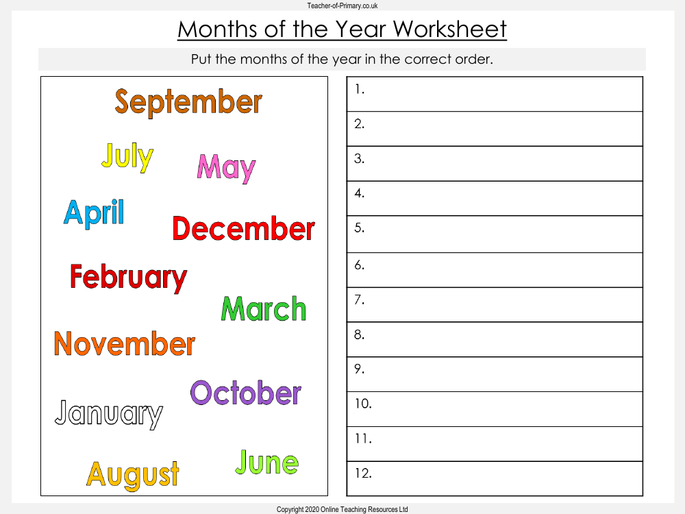 worksheet for months