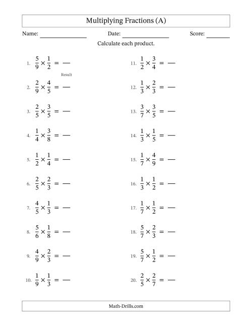 Multiplying Two Proper Fractions with No Simplification (Fillable) (A)