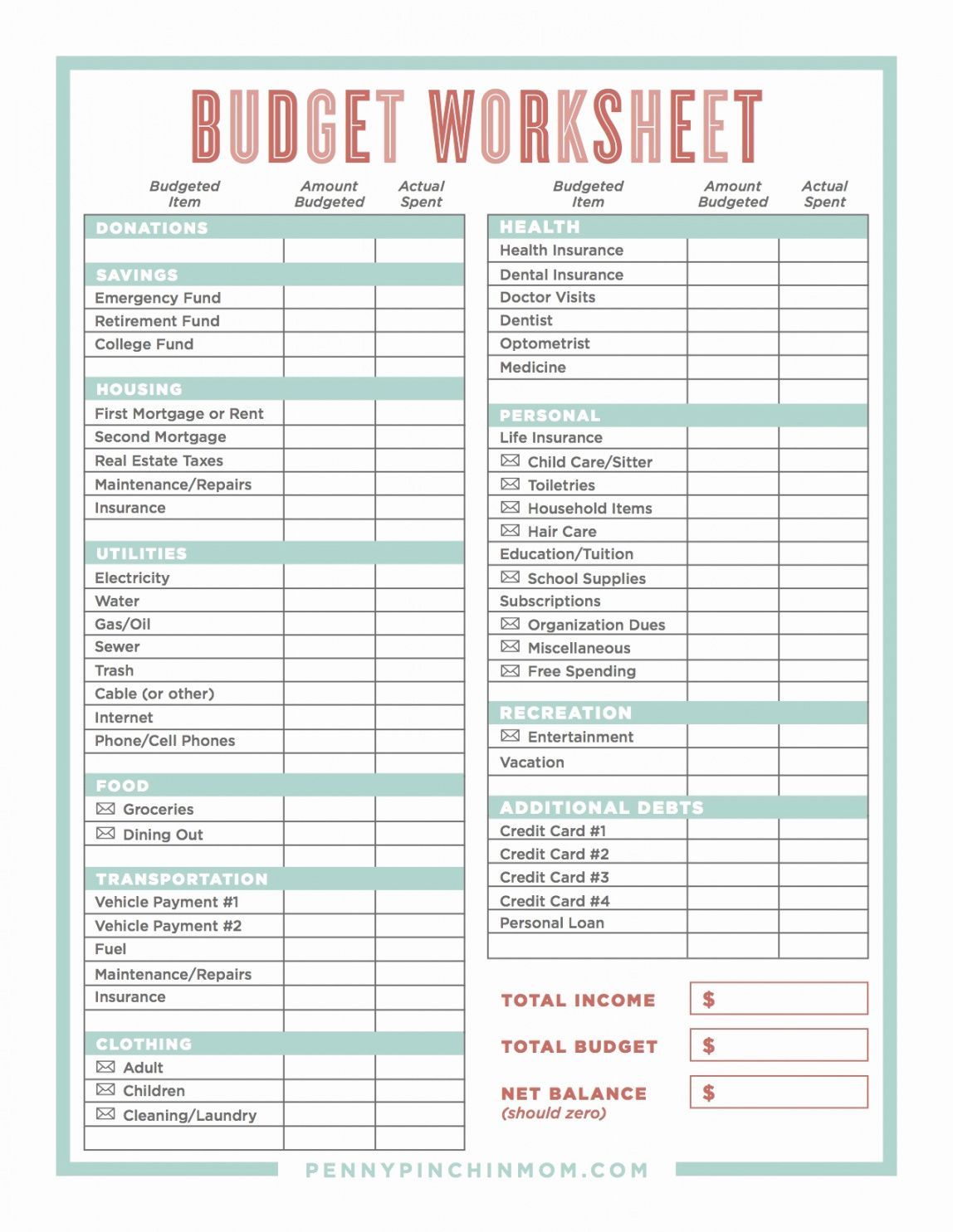worksheet for one person