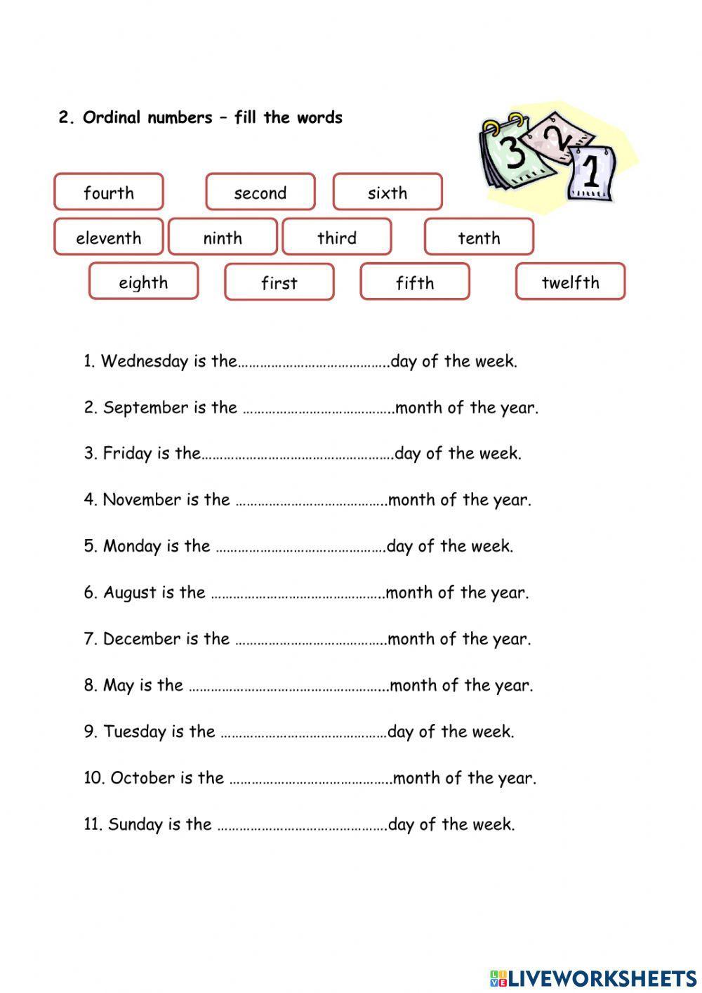 Ordinal numbers, days, months worksheet  