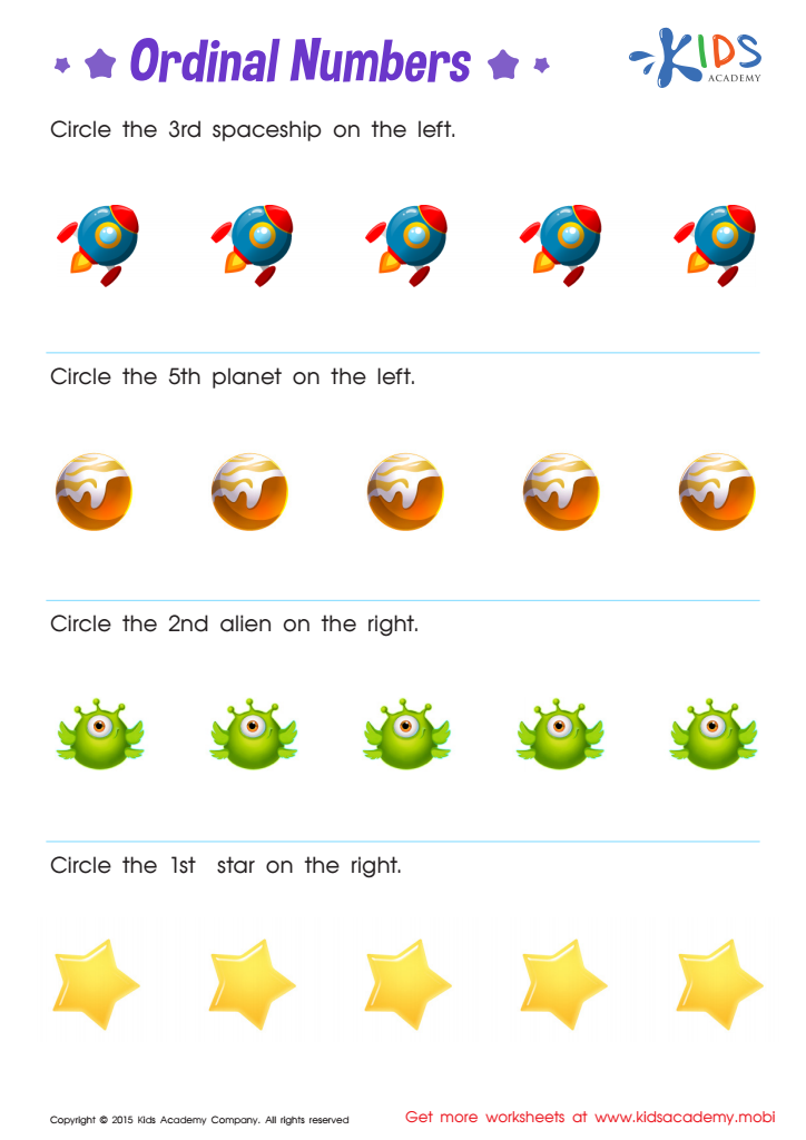 Space Ordinals Worksheet: Free Ordinal Numbers Printable for Kids