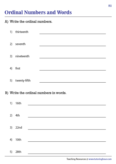 Ordinal Numbers and Words Worksheets
