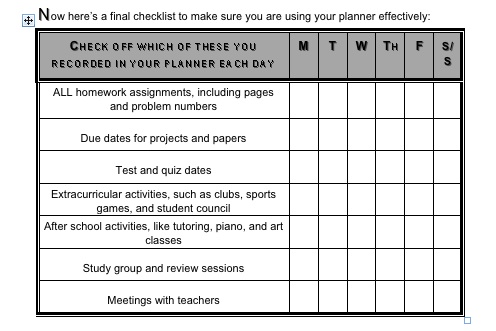 worksheet for organizational skills