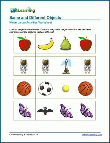 Same vs Different Objects - Worksheets for Preschool ...