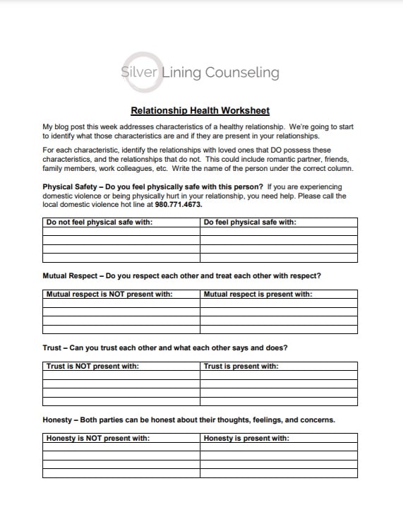 worksheet for relationship