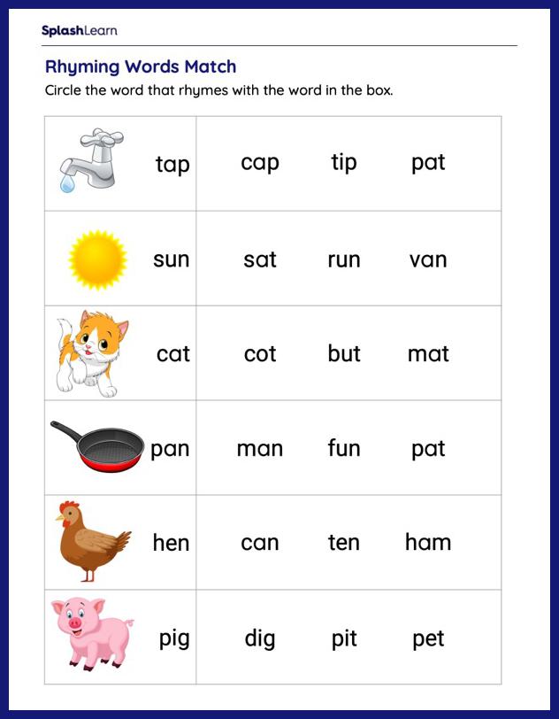 Lets Match the Rhyming Words! - ELA Worksheets - SplashLearn