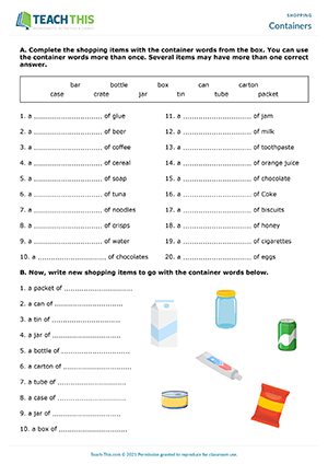 worksheet for shopping