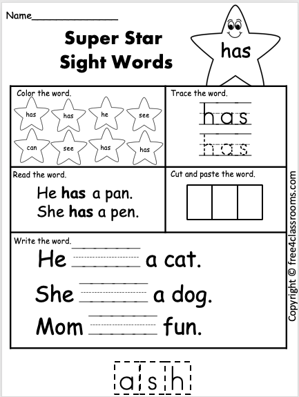 Free Sight Word Worksheet - (has) - Free Worksheets - Free4Classrooms