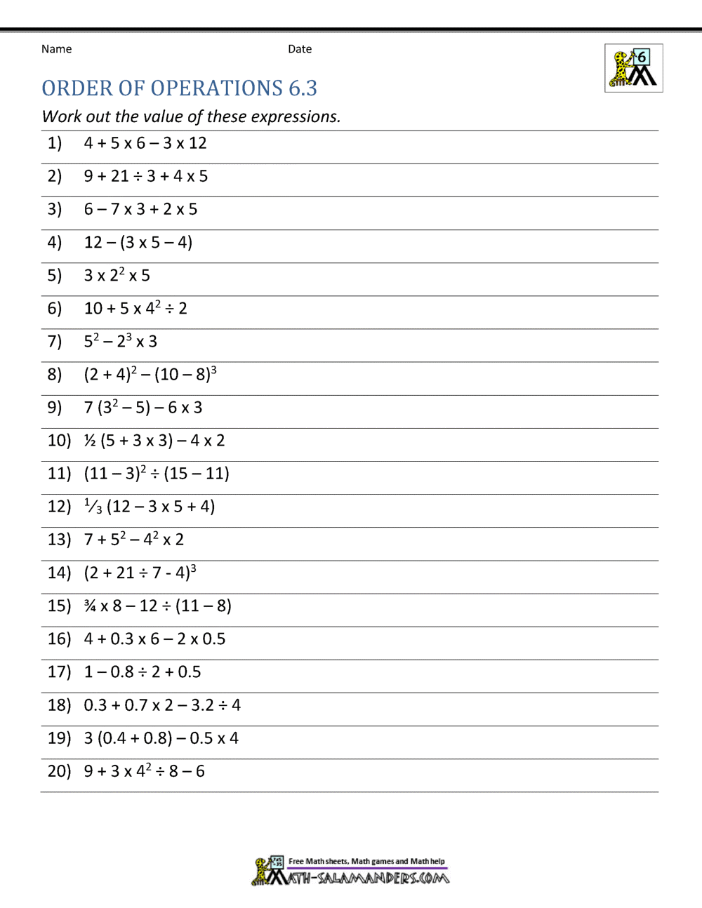 6th Grade Order of Operations Worksheets