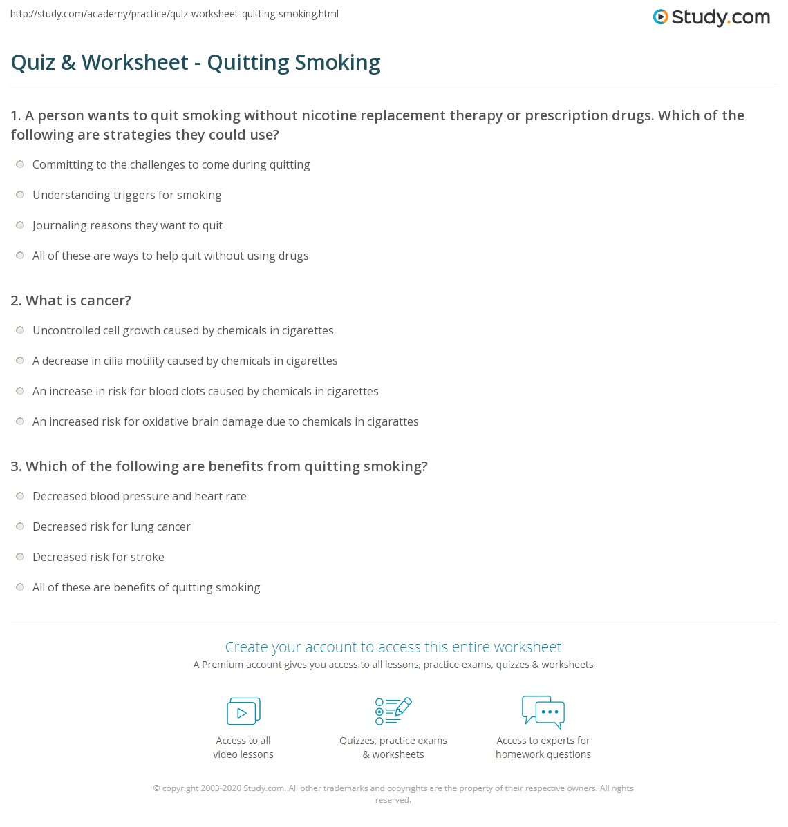 worksheet for smoking cessation