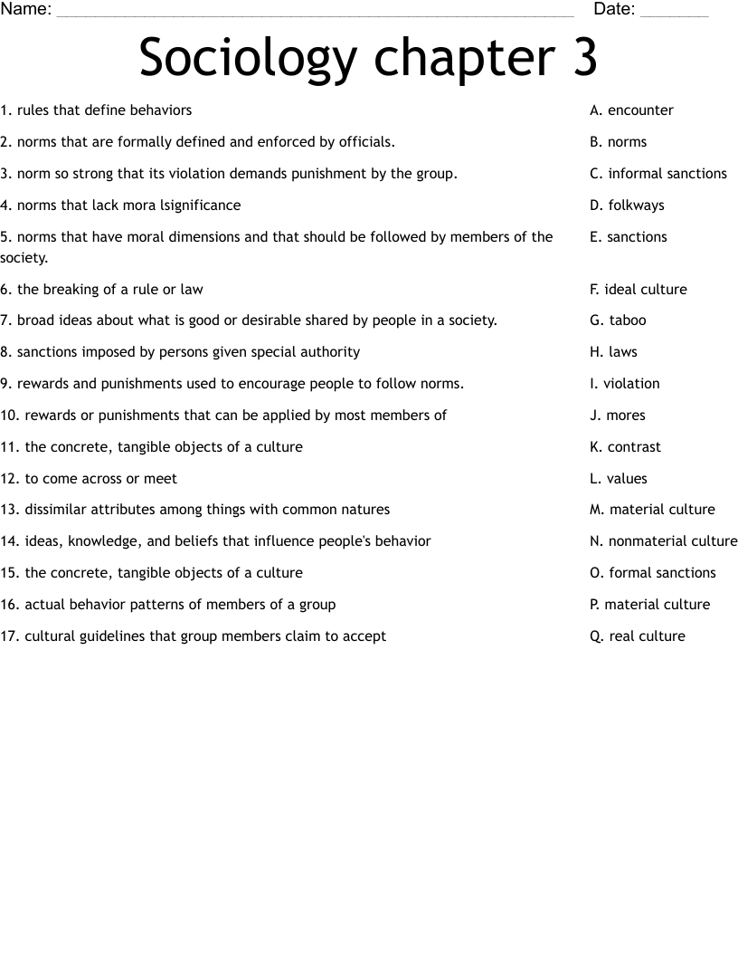 Sociology chapter 3 Worksheet - WordMint