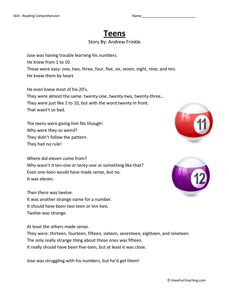 Teens Reading Comprehension Worksheet  