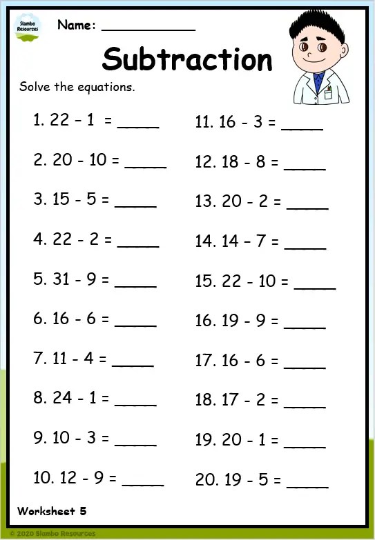 worksheet for subtraction