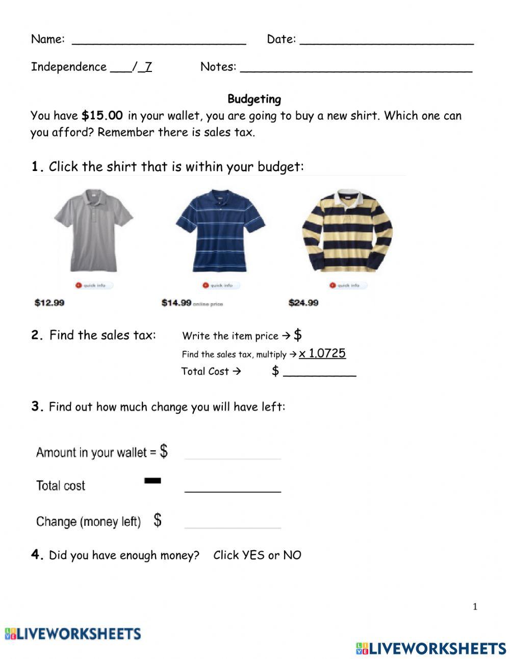 worksheet for taxes