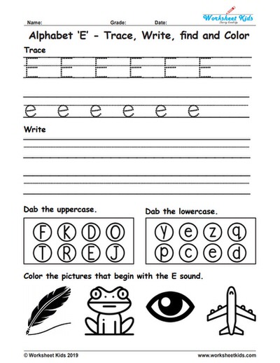 Alphabet Letter E Trace Write Find Color - Free printable PDF