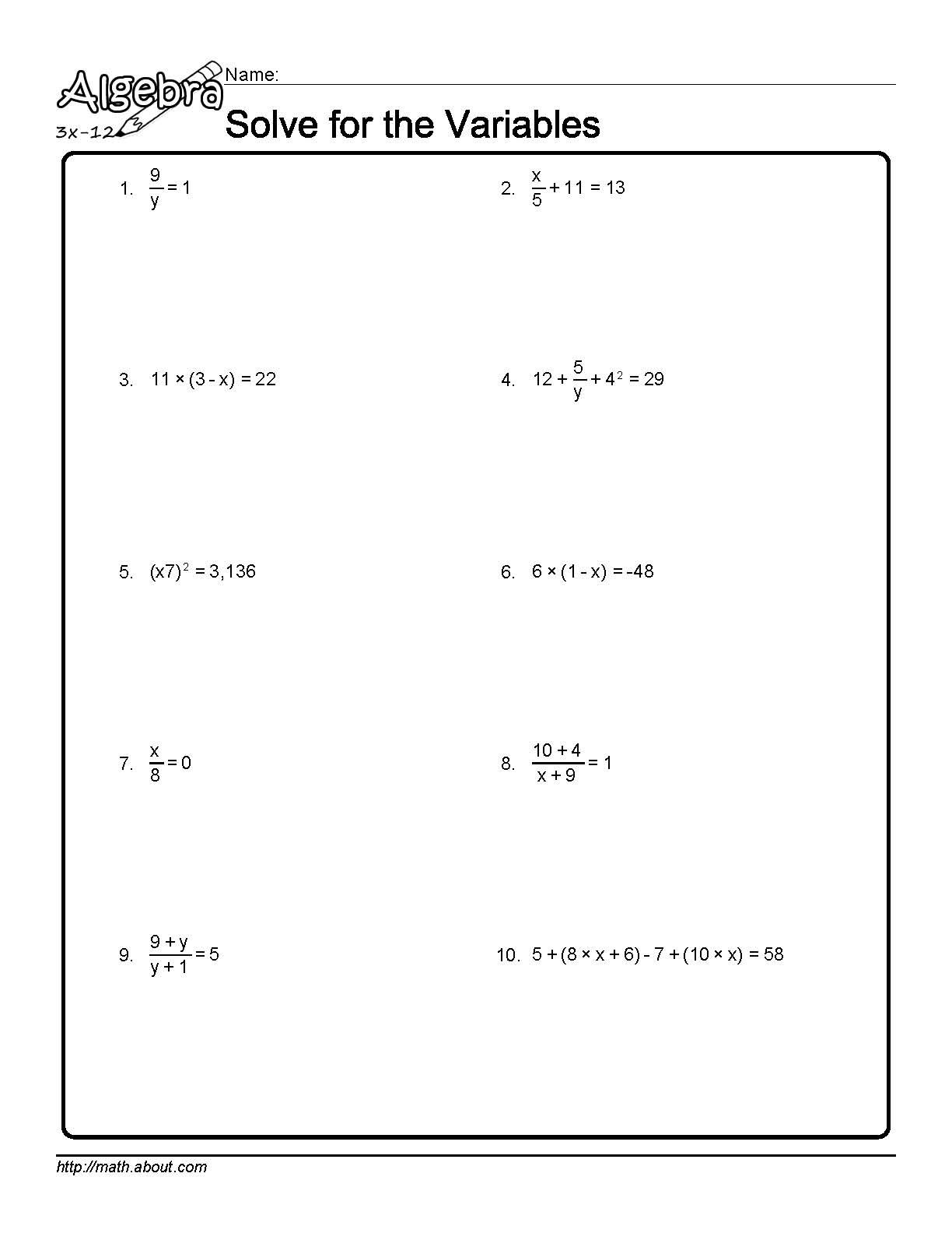 Solve for the Variables Worksheet 1 of 10
