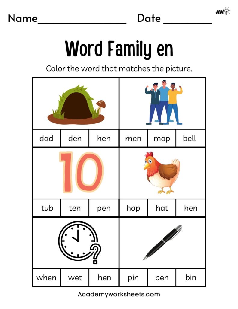 Free Word Family Worksheets - Short e - Academy Worksheets