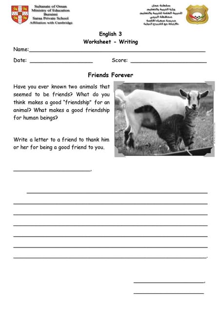 worksheet for writing about friendship