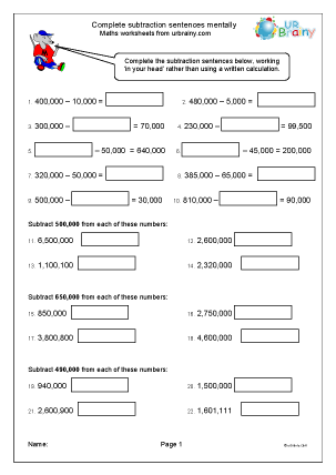 Subtraction Maths Worksheets for Year 6 (age 10-11) - URBrainy.com