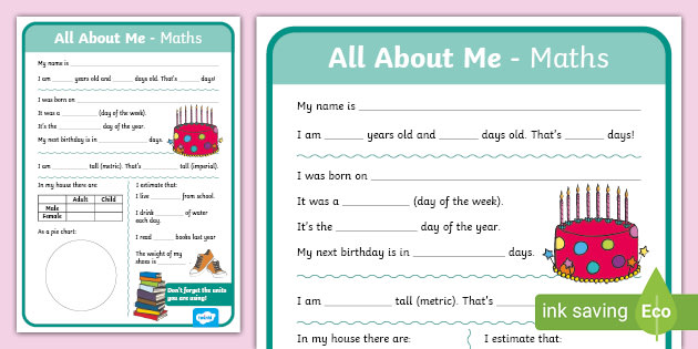 All About Me Maths Display Poster Worksheet Year 5-6