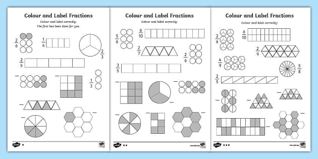 Maths Fractions Worksheet - Colour and Label Fractions