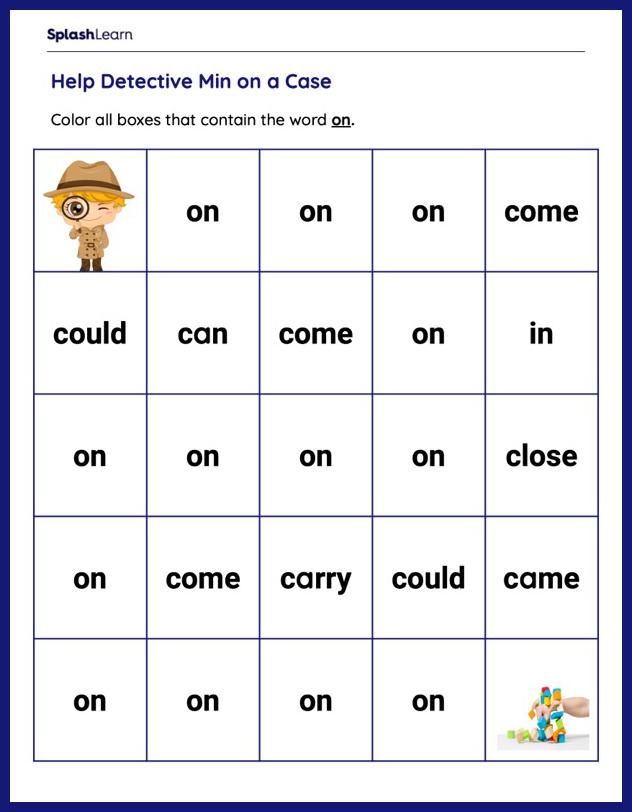 Fun with Words: on - ELA Worksheets - SplashLearn