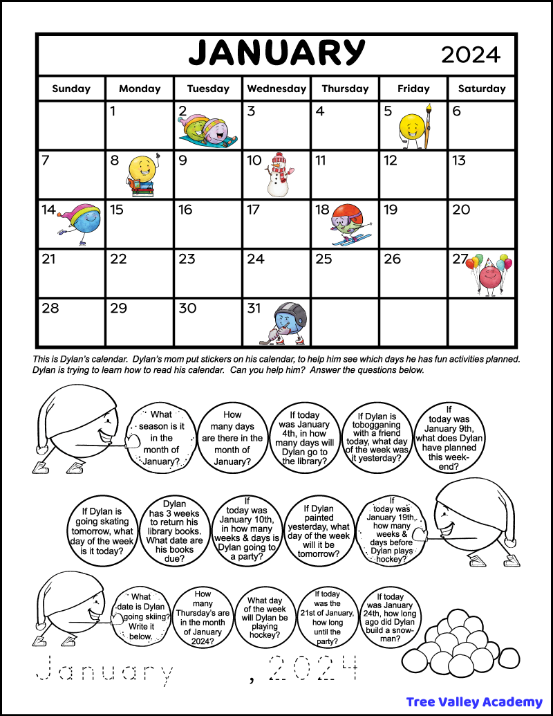 1st &  2nd Grade Calendar Math Worksheets - Tree Valley Academy