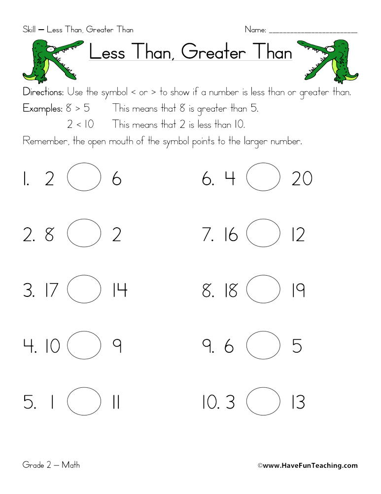 Less Than Greater Than Worksheet  