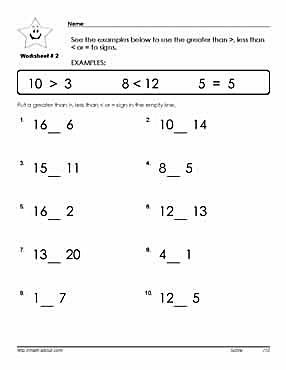 First Grade Math: Greater or Less Than Worksheets to 20