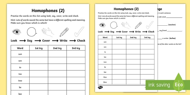 Year 2 Spelling Practice Homophones (2) Homework Worksheet / Worksheet
