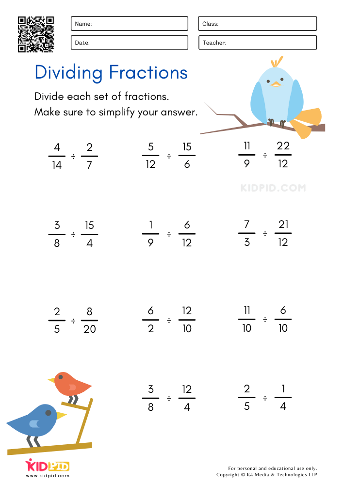 Dividing Fractions Worksheets for Kids - Kidpid