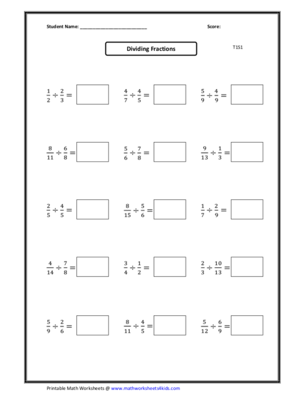 worksheet in division of fractions