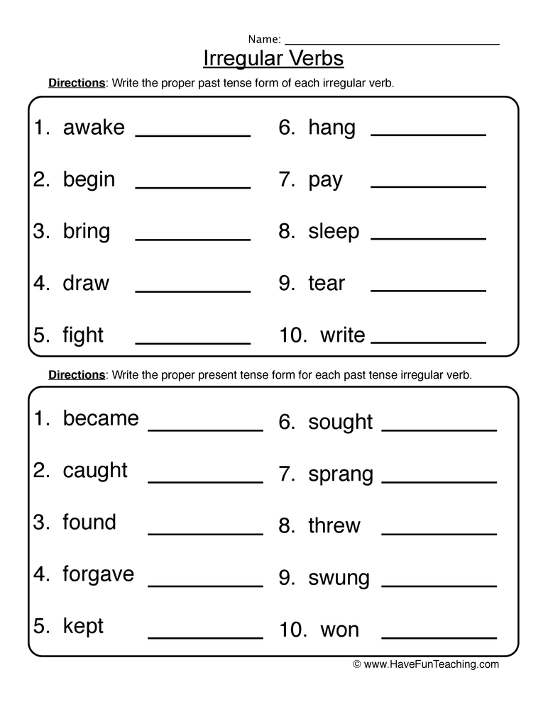 Writing Irregular Verbs Worksheet  