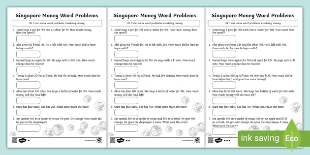 Singapore Money Word Problems Worksheet (teacher made)