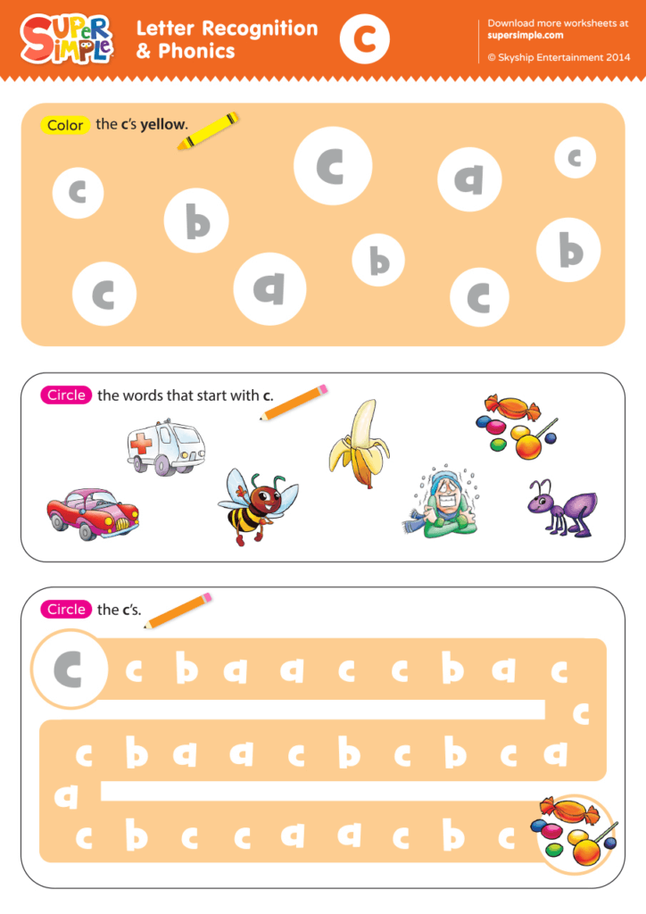Letter Recognition &  Phonics Worksheet - c (lowercase) | Super Simple