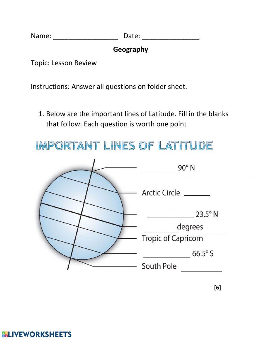 Important Latitude and Longitude Lines worksheet  