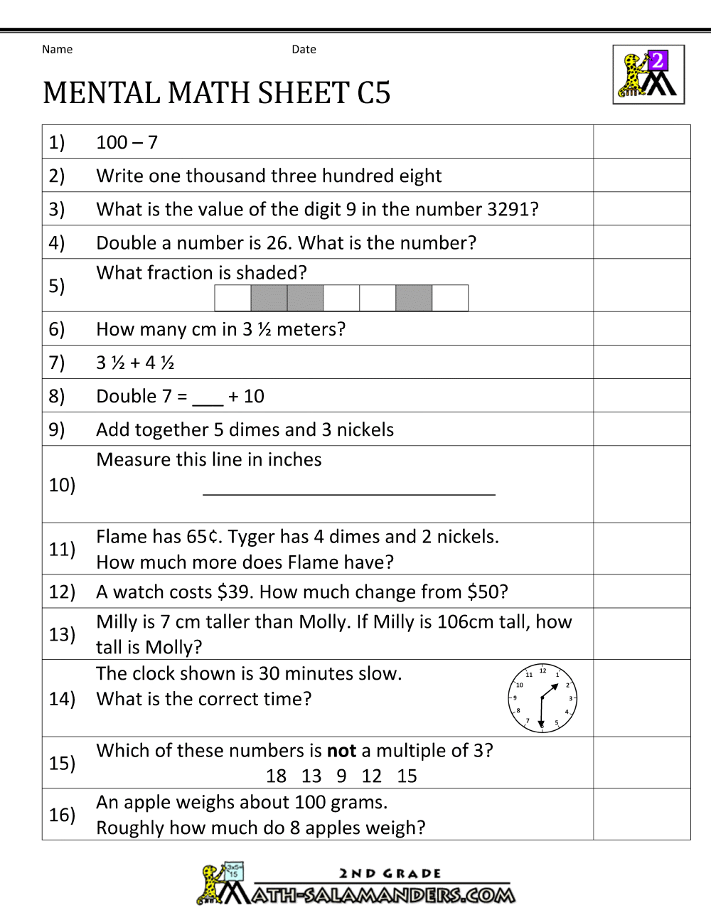 Mental Math Worksheet 2nd Grade