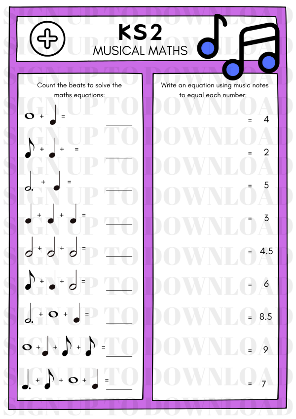 Musical Maths Worksheet - Addition Activity - World Music Day 2024