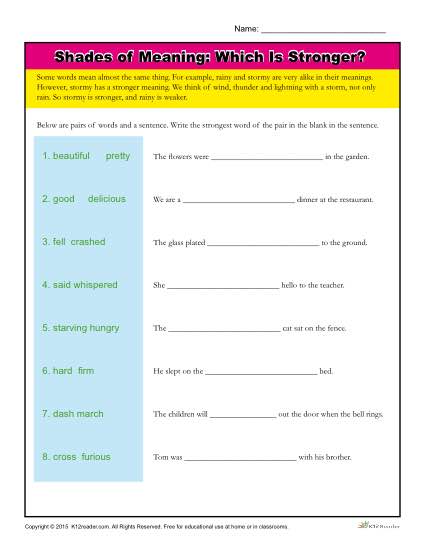 Shades of Meaning Vocabulary Worksheet | Which is Stronger?