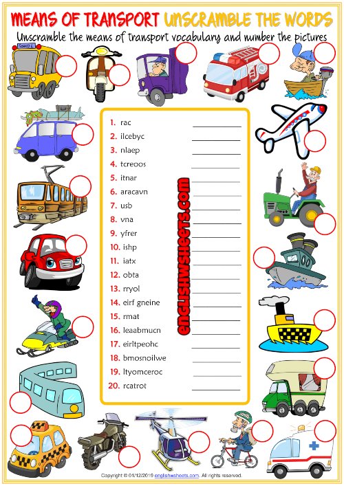 Means of Transport ESL Unscramble the Words Worksheet