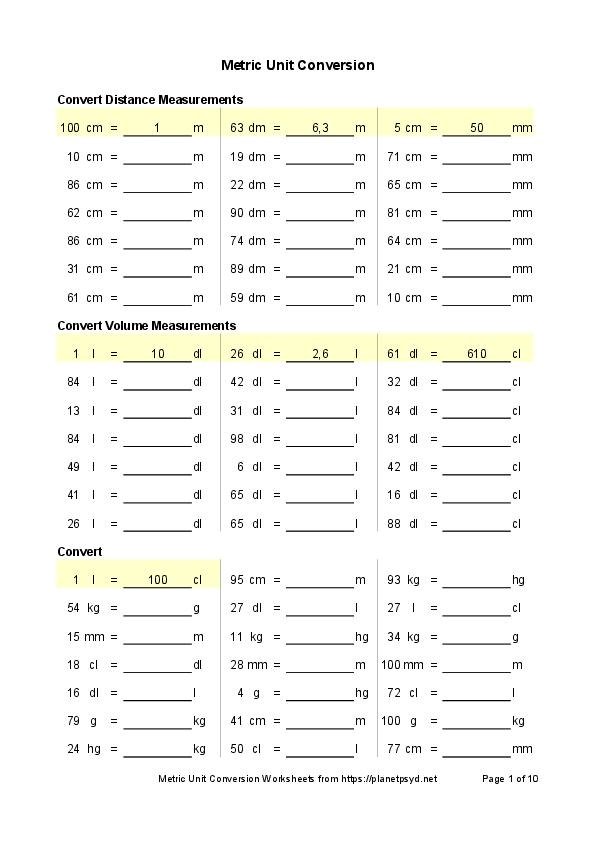 worksheet metric conversion