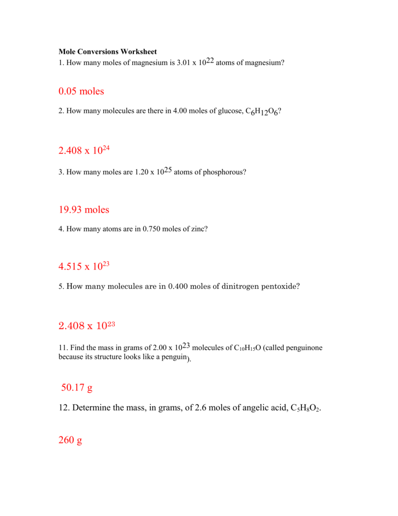 worksheet mole conversions