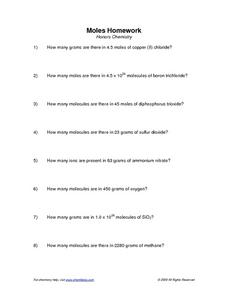 Moles Homework-Honors Chemistry Worksheet for 9th - 12th Grade ...