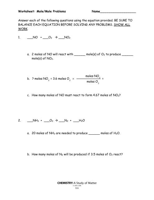 Mole/Mole Problems Worksheet