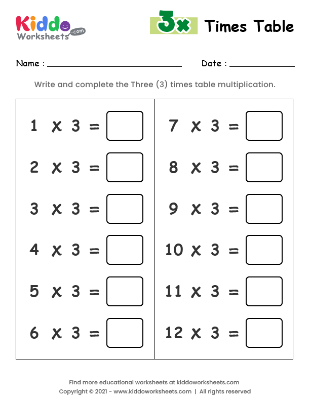 Free Printable 3 Times Table Worksheet Worksheet - kiddoworksheets