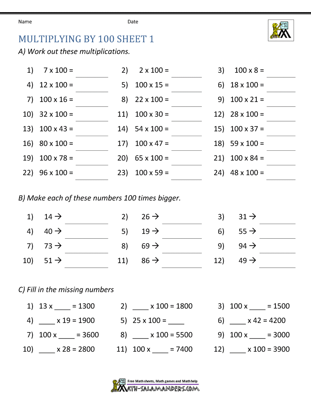 Multiplying by 10 and 100 Worksheets